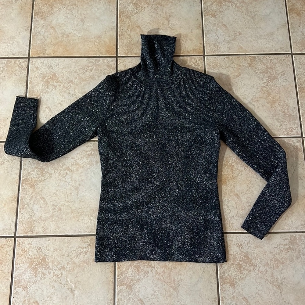 VTG DG2‎ by Diane Gilman Black & Silver Metallic Ribbed Turtleneck Sweater, Sz M